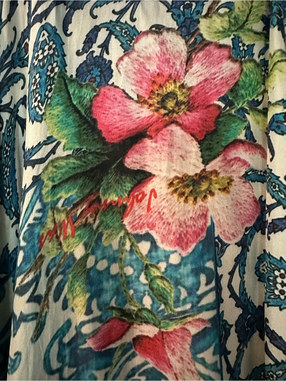Johnny Was Turquoise Blue Floral Paisley Fringe Kimono Wrap - Picture 4 of 6